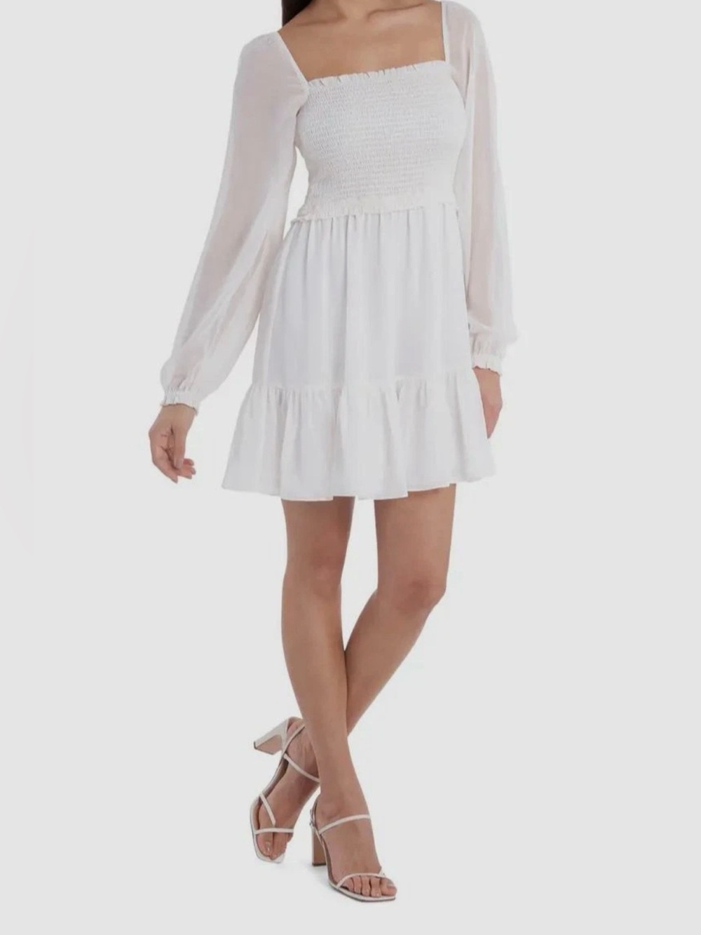 1.State Women's Size L White Smocked Long Balloon Sleeve Minidress